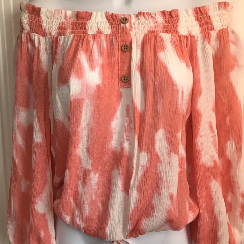 🔴 4/$15 Boutique coral & white tie dye crepey off-shoulder blouson top sz S NWT - Picture 10 of 15